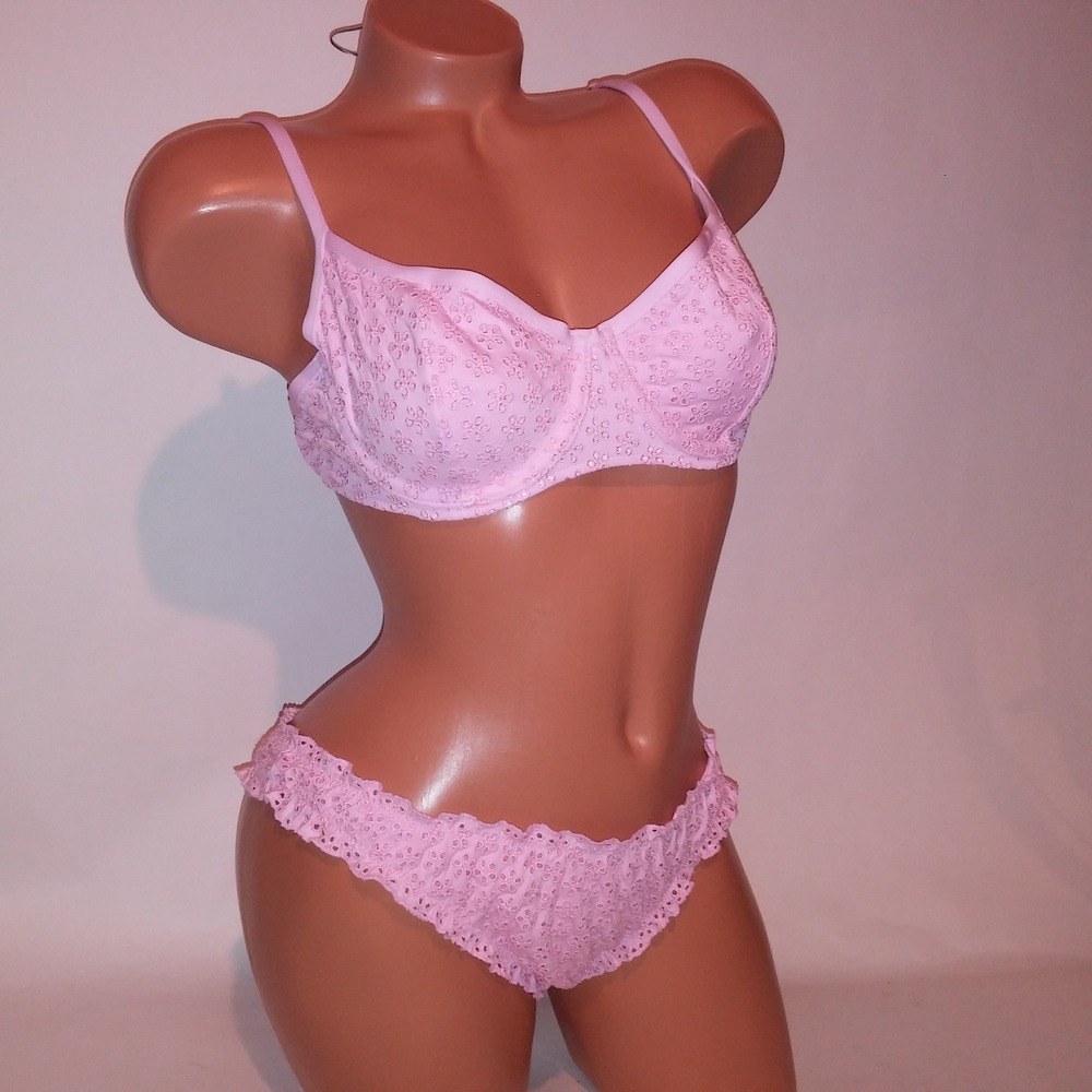 Victoria Secret PINK Swim Bikini Top & Bottom Large Pink Floral Eyelet Ruffle